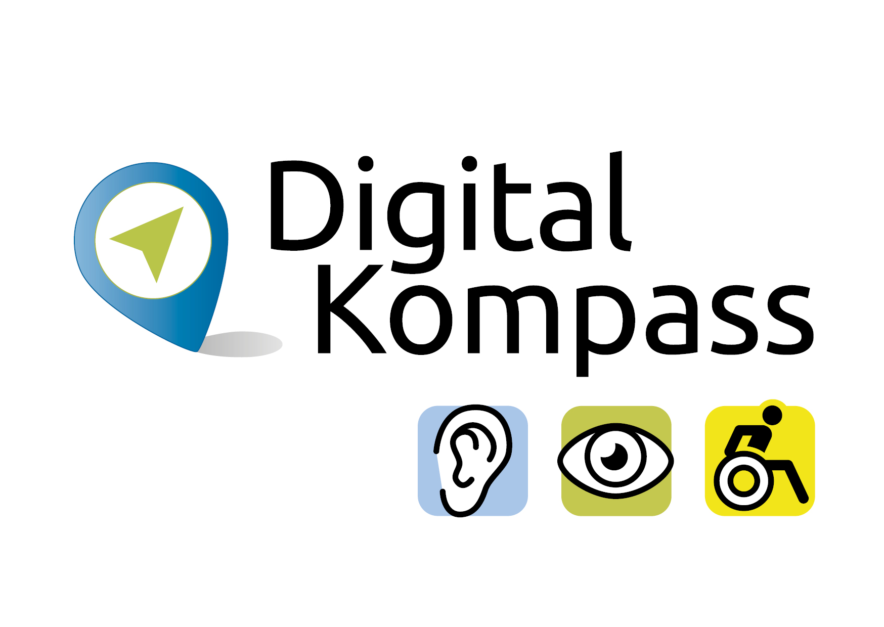 Logo Digital Kompass mit blauem Standortsymbol, drei Icons die auf Hör-, Seh- und Mobilitätseinschränkungen hinweisen und schwarzer Schriftzug 