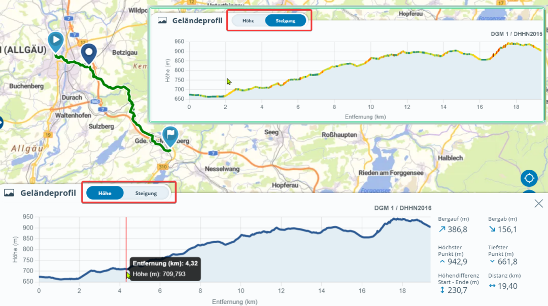 Screenshot aus dem BayernAtlas mit einem Ausschnitt aus der Karte mit einer Route, darunter das Geländeprofil