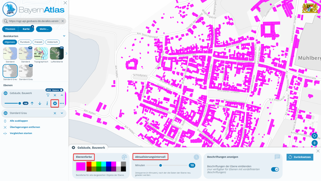Screenshot aus dem BayernAtlas mit aktiver OG API Features